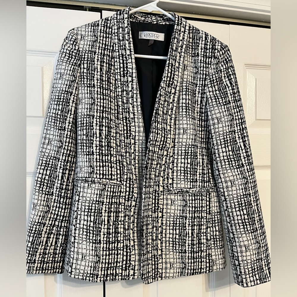Kasper Black White Crackle Print Woven Collarless Blazer Jacket Women’s Size 4